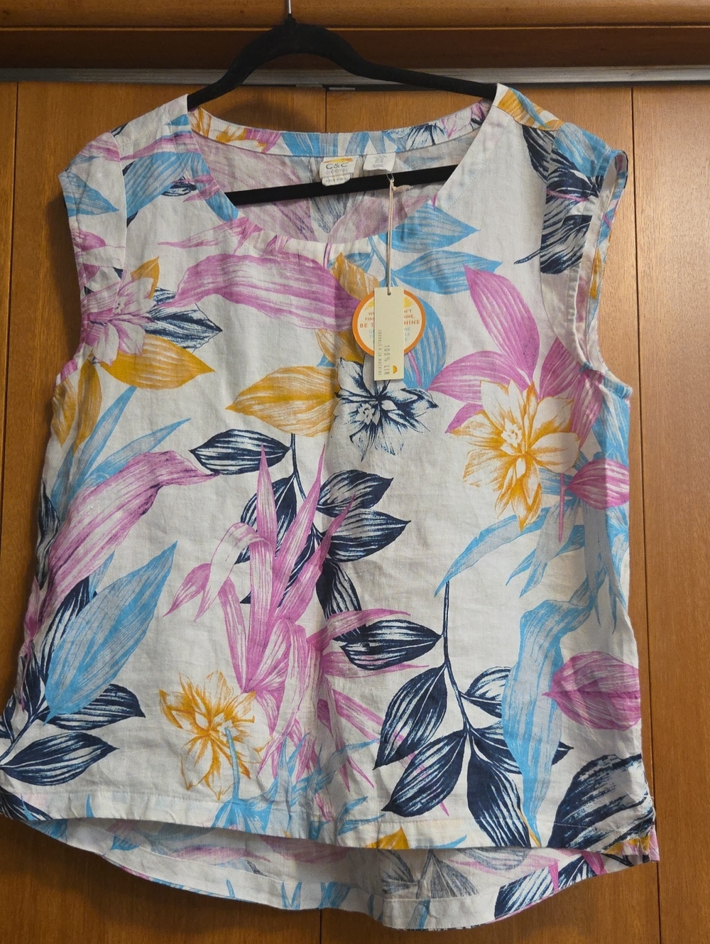 C&C California White Floral Linen-Blend Crop Top with Pink, Blue & Yellow Print